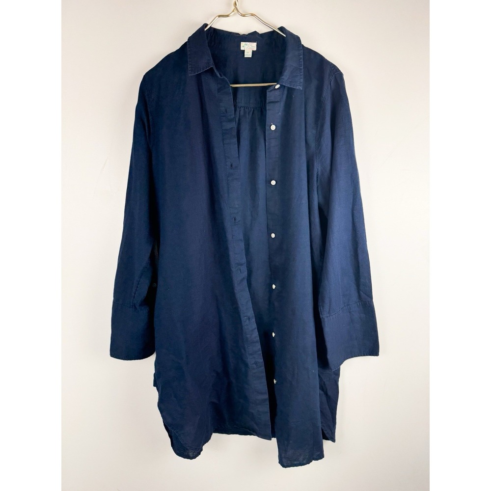 J Crew Linen Beach Shirt Dress Cover Up Resort Vacation Blue #AK283 Size XXL